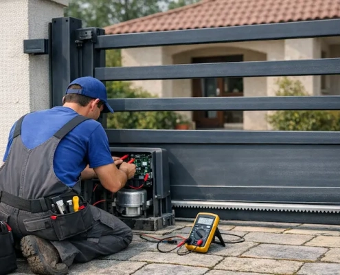 en quoi consiste le remplacement d’un moteur de portail coulissant marseille Homme à genoux réparant un portail avec des outils.