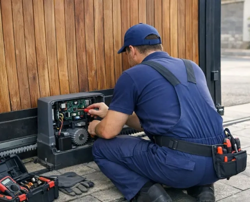 remplacement moteur portail coulissant par aav à marseille Homme à genoux réparant un portail