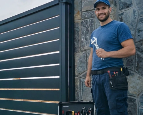 Homme réparant un portail avec outils.