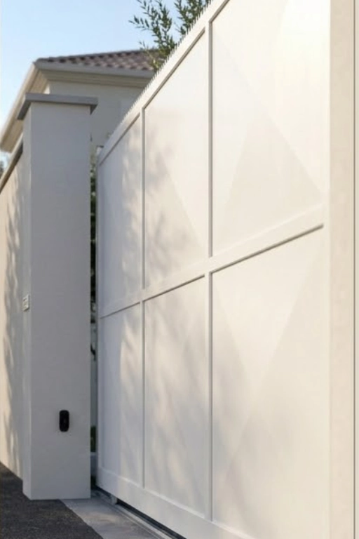 motorisation portail coulissant moteur villa aubagne Vue rapprochée d'un portail coulissant blanc en aluminium moderne.