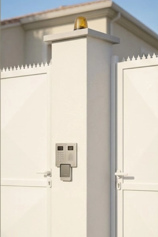 motorisation portail villa aubagne Interphone portail coulissant blanc en aluminium moderne.