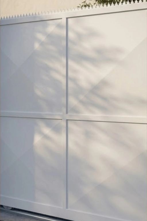 portail coulissant aubagne Portail blanc moderne avec ombres d'arbres.