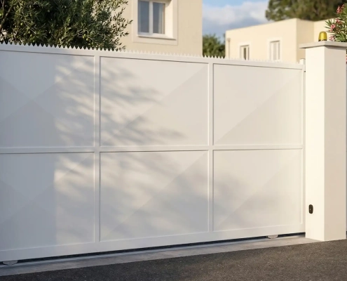 Portail coulissant blanc en aluminium moderne.