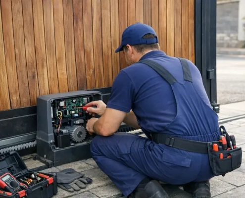 qu‘est ce qu’un installateur de motorisation de portail vitrolles Homme à genoux réparant le moteur d'un portail